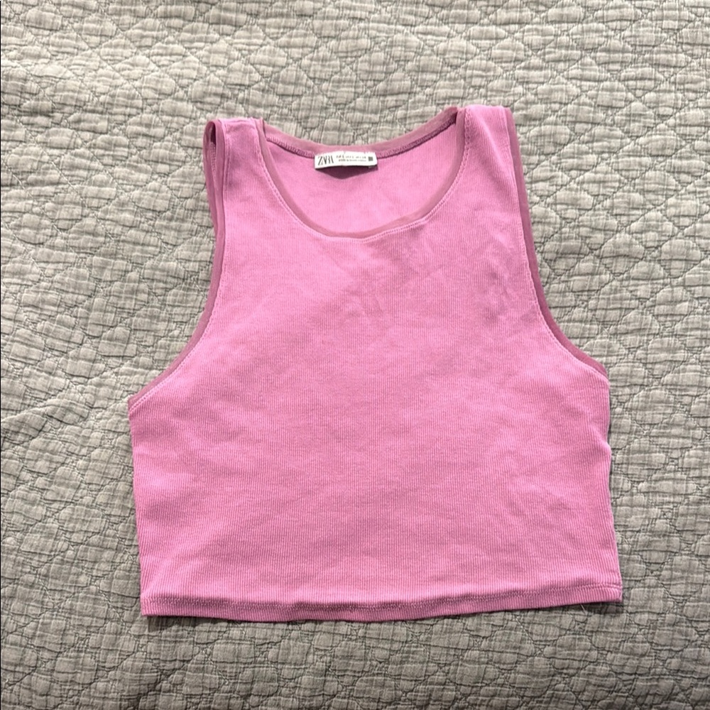 Zara Pink Fitted Crop Tank Top